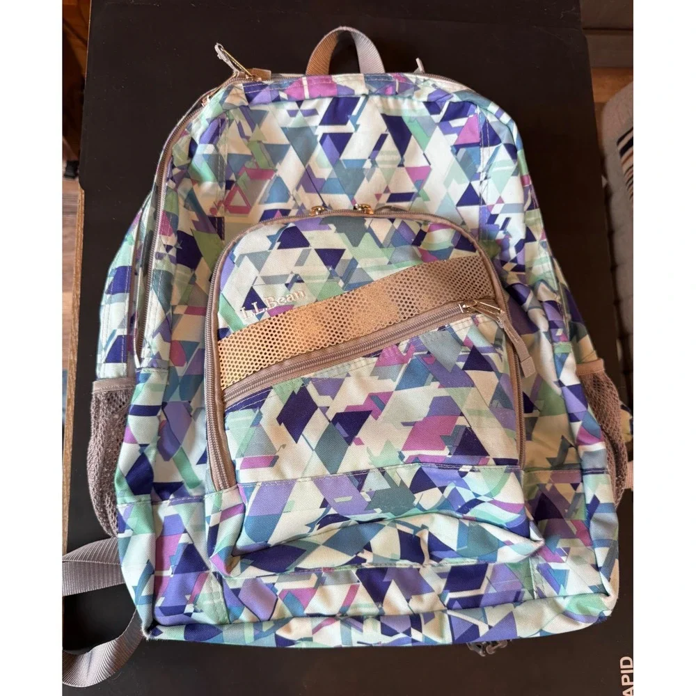 LL Bean Deluxe Book Pack Backpack Fresh Mint Prism Geometric Triangle Print 37L